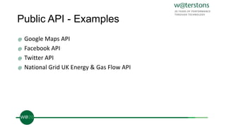 Public API - Examples
@ Google Maps API
@ Facebook API
@ Twitter API
@ National Grid UK Energy & Gas Flow API
 