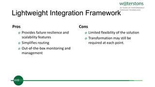 Lightweight Integration Framework
Pros
@ Provides failure resilience and
scalability features
@ Simplifies routing
@ Out-of-the-box monitoring and
management
Cons
@ Limited flexibility of the solution
@ Transformation may still be
required at each point.
 