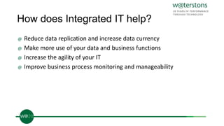 How does Integrated IT help?
@ Reduce data replication and increase data currency
@ Make more use of your data and business functions
@ Increase the agility of your IT
@ Improve business process monitoring and manageability
 