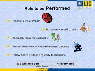 Role to be          Performed

Prepare a list of People


                              Introduce yourself to them


Approach them Professionally


Present them New & Innovative ideas/concepts


Follow Above 4 Steps Regularly In Discipline


   WE will help you                         At every step
                    Abhijit Sawant                          12
                      Mobile- 09320068310
 