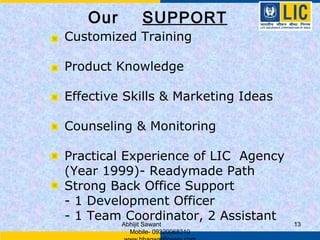Our         SU PPORT
Customized Training

Product Knowledge

Effective Skills & Marketing Ideas

Counseling & Monitoring

Practical Experience of LIC Agency
(Year 1999)- Readymade Path
Strong Back Office Support
- 1 Development Officer
- 1 Team Coordinator, 2 Assistant
         Abhijit Sawant              13
           Mobile- 09320068310
 