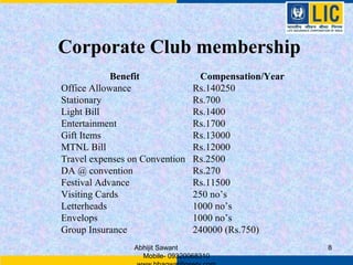Corporate Club membership
            Benefit                Compensation/Year
Office Allowance                 Rs.140250
Stationary                       Rs.700
Light Bill                       Rs.1400
Entertainment                    Rs.1700
Gift Items                       Rs.13000
MTNL Bill                        Rs.12000
Travel expenses on Convention    Rs.2500
DA @ convention                  Rs.270
Festival Advance                 Rs.11500
Visiting Cards                   250 no’s
Letterheads                      1000 no’s
Envelops                         1000 no’s
Group Insurance                  240000 (Rs.750)
                 Abhijit Sawant                        8
                   Mobile- 09320068310
 
