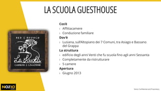 Cos’è
› Affittacamere
› Conduzione familiare
Dov’è
› Lusiana, sull’Altopiano dei 7 Comuni, tra Asiago e Bassano
del Grappa
La struttura
› edificio degli anni Venti che fu scuola fino agli anni Sessanta
› Completamente da ristrutturare
› 5 camere
Apertura
› Giugno 2013
LA SCUOLA GUESTHOUSE
Nozio Confidential and Proprietary
 