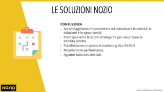 CONSULENZA
› Accompagniamo l’imprenditore ad individuare le criticità, le
soluzioni e le opportunità
› Predisponiamo le azioni strategiche per valorizzare la
Vendita Diretta
› Pianifichiamo un piano di marketing ALL-IN-ONE
› Misuriamo le performance
› Agiamo sulla basi dei dati
LE SOLUZIONI NOZIO
Nozio Confidential and Proprietary
 