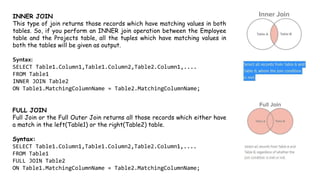 INNER JOIN
This type of join returns those records which have matching values in both
tables. So, if you perform an INNER join operation between the Employee
table and the Projects table, all the tuples which have matching values in
both the tables will be given as output.
Syntax:
SELECT Table1.Column1,Table1.Column2,Table2.Column1,....
FROM Table1
INNER JOIN Table2
ON Table1.MatchingColumnName = Table2.MatchingColumnName;
FULL JOIN
Full Join or the Full Outer Join returns all those records which either have
a match in the left(Table1) or the right(Table2) table.
Syntax:
SELECT Table1.Column1,Table1.Column2,Table2.Column1,....
FROM Table1
FULL JOIN Table2
ON Table1.MatchingColumnName = Table2.MatchingColumnName;
 
