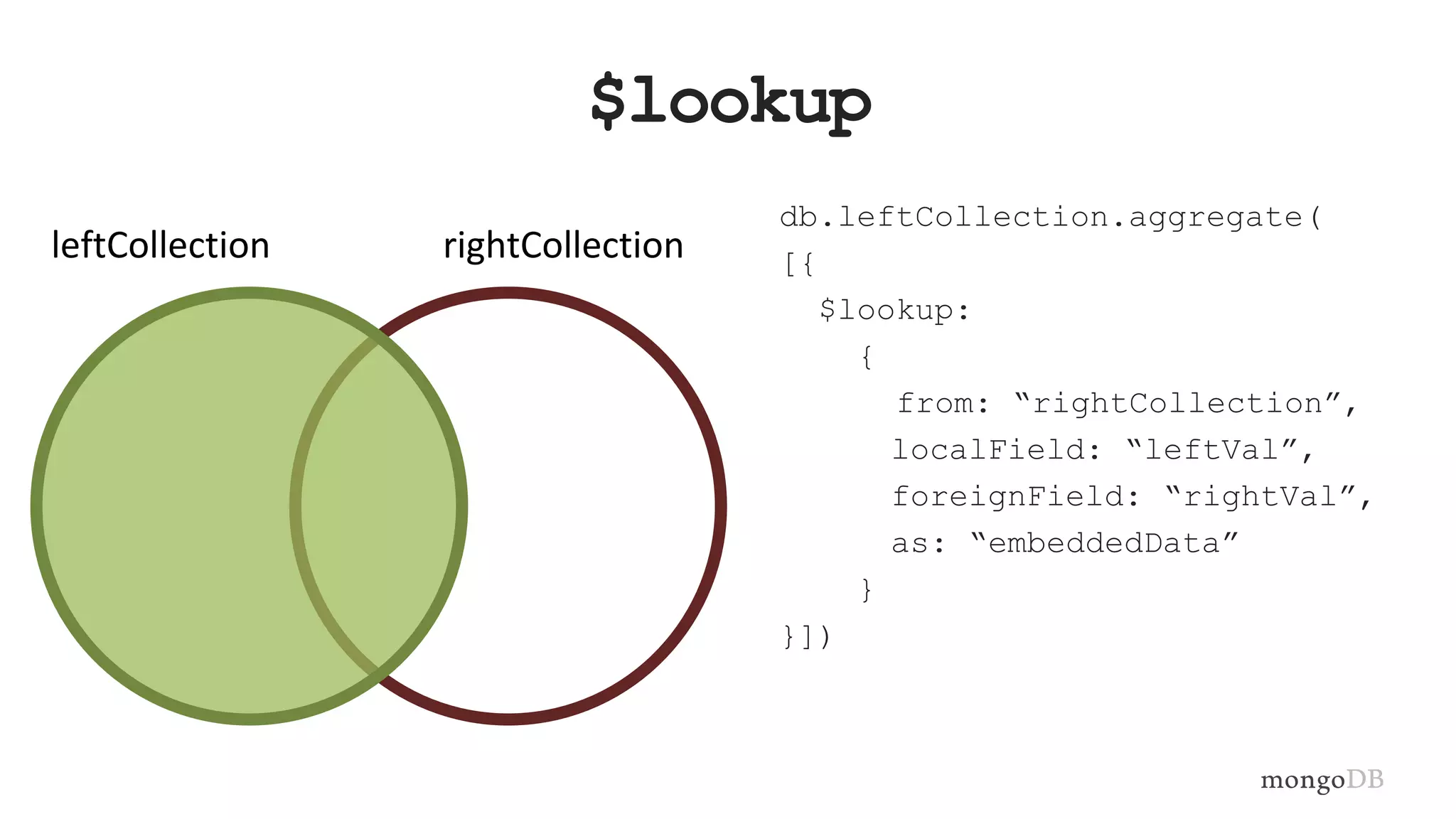 $lookup
db.leftCollection.aggregate(
[{
$lookup:
{
from: “rightCollection”,
localField: “leftVal”,
foreignField: “rightVal”,
as: “embeddedData”
}
}])
leftCollection rightCollection
 
