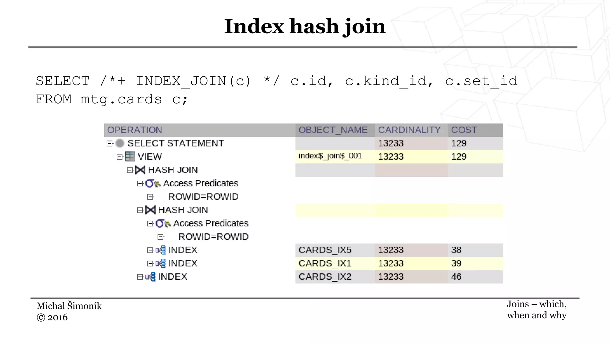 Michal Šimoník
© 2016
Index hash join
Joins – which,
when and why
SELECT /*+ INDEX_JOIN(c) */ c.id, c.kind_id, c.set_id
FROM mtg.cards c;
 