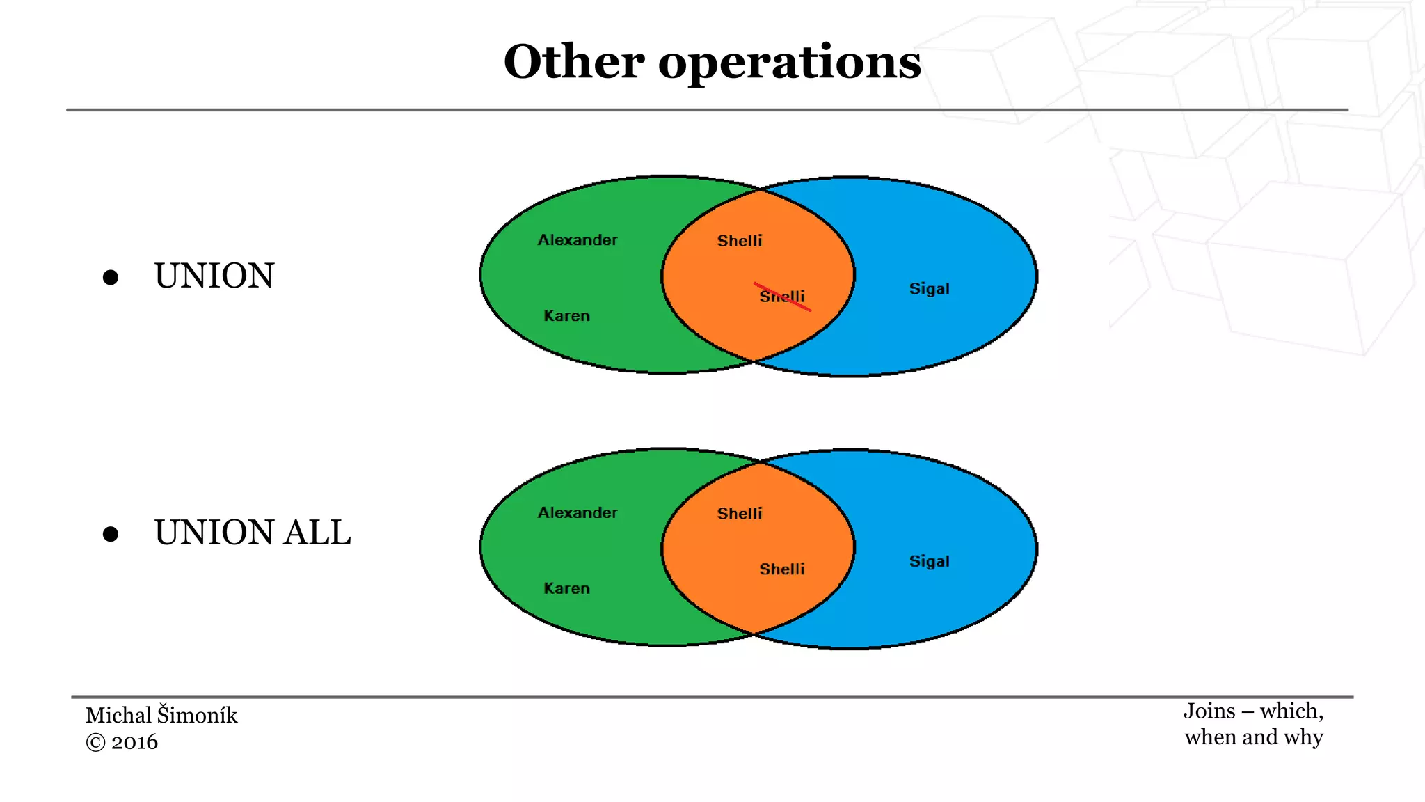 Michal Šimoník
© 2016
Other operations
Joins – which,
when and why
● UNION
● UNION ALL
 