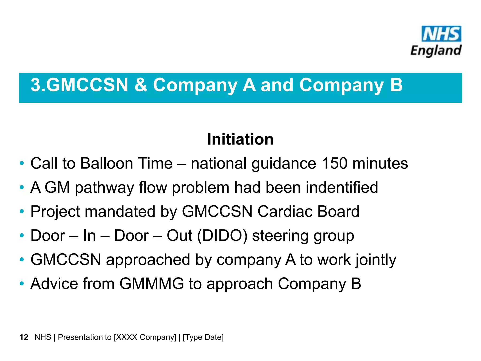 3.GMCCSN & Company A and Company B
Initiation
• Call to Balloon Time – national guidance 150 minutes
• A GM pathway flow problem had been indentified
• Project mandated by GMCCSN Cardiac Board
• Door – In – Door – Out (DIDO) steering group
• GMCCSN approached by company A to work jointly
• Advice from GMMMG to approach Company B
NHS | Presentation to [XXXX Company] | [Type Date]12
 