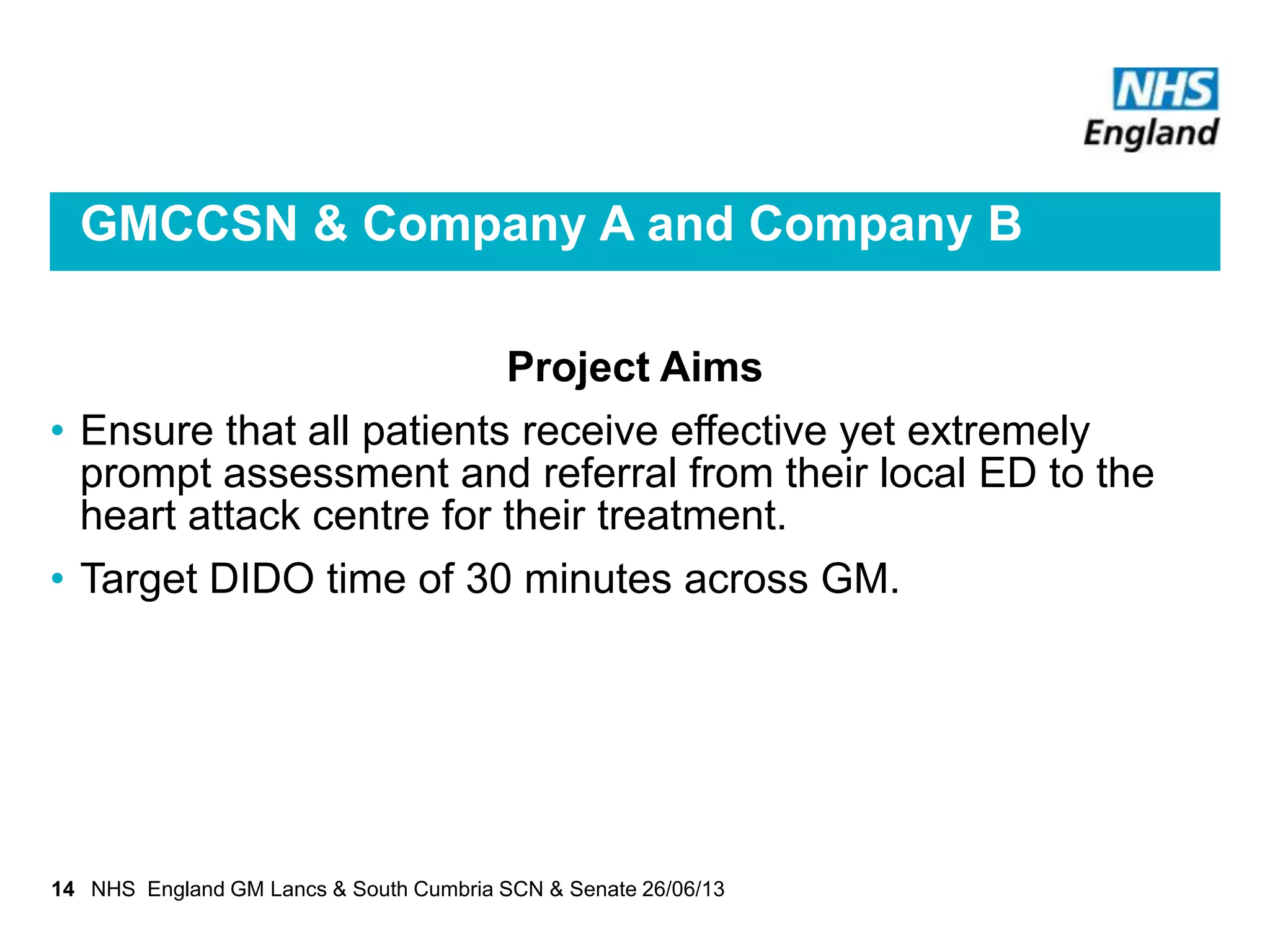 GMCCSN & Company A and Company B
Project Aims
• Ensure that all patients receive effective yet extremely
prompt assessment and referral from their local ED to the
heart attack centre for their treatment.
• Target DIDO time of 30 minutes across GM.
14 NHS England GM Lancs & South Cumbria SCN & Senate 26/06/13
 