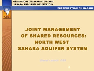 1
PRESENTATION DU BASSIN
Djamel Latrech OSS
JOINT MANAGEMENT
OF SHARED RESOURCES:
NORTH WEST
SAHARA AQUIFER SYSTEM
 