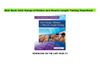 DOWNLOAD ON THE LAST PAGE !!!!
Download Here https://ebooklibrary.solutionsforyou.space/?book=1455758825 One of the most comprehensive texts on the market, Joint Range of Motion and Muscle Length Testing, 3rd Edition, is an easy-to-follow reference that guides you in accurately measuring range of motion and muscle length for all age groups. Written by renowned educators, Nancy Berryman Reese and William D. Bandy for both Physical Therapy and Occupational Therapy professionals, this book describes in detail the reliability and validity of each technique. A new companion web site features video clips demonstrating over 100 measurement techniques!Full-color design clearly demonstrates various techniques and landmarks.Clear technique template allows you to quickly and easily identify the information you need.Simple anatomic illustrations clearly depict the various techniques and landmarks for each joint.Coverage of range of motion and muscle length testing includes important, must-know information.Complex tool coverage prepares you to use the tape measure, goniometer, and inclinometer in the clinical setting.Over 100 videos let you independently review techniques covered in the text.Chapter on infants and children eliminates having to search through pediatric-specific books for information.Anatomical landmarks provide a fast visual reference for exactly where to place measuring devices.Chapters dedicated to length testing makes information easy to locate. UPDATED information and references includes the latest in hand and upper extremity rehabilitation. Download Online PDF Joint Range of Motion and Muscle Length Testing Read PDF Joint Range of Motion and Muscle Length Testing Read Full PDF Joint Range of Motion and Muscle Length Testing
Best Book Joint Range of Motion and Muscle Length Testing Paperback
 