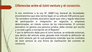 Si nos remitimos a la Ley N° 26887-Ley General de Sociedades,
encontraremos que esta norma legal, en su artículo 438 precisa que:
“Se considera contrato asociativo aquel que crea y regula relaciones
de participación e integración en negocios o empresas
determinadas, en interés común de los intervinientes. El contrato
asociativo no genera una persona jurídica, debe constar por escrito
y no está sujeto a inscripción en el Registro”
Y por la definición dada para el Joint venture, se entiende entonces,
que dentro del articulo antes glosado está incluida la definición de
los Joint venture, por lo cual podríamos entender que los contratos
de Joint venture es una forma de clasificación del contrato de
consorcio.
 
