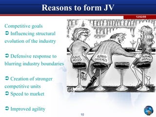 Reasons to form JV Competitive goals Influencing structural evolution of the industry  Defensive response to  blurring industry boundaries  Creation of stronger  competitive units Speed to market  Improved agility  
