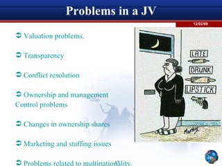 Problems in a JV Valuation problems.  Transparency  Conflict resolution  Ownership and management Control problems  Changes in ownership shares Marketing and staffing issues  Problems related to multinationality.  