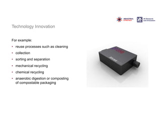 Technology Innovation
For example:
• reuse processes such as cleaning
• collection
• sorting and separation
• mechanical recycling
• chemical recycling
• anaerobic digestion or composting
of compostable packaging
 