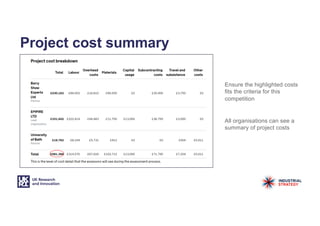 Project cost summary
All organisations can see a
summary of project costs
Ensure the highlighted costs
fits the criteria for this
competition
 
