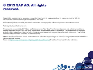 #AribaLIVE
© 2013 SAP AG. All rights
reserved.
No part of this publication may be reproduced or transmitted in any form or for any purpose without the express permission of SAP AG.
The information contained herein may be changed without prior notice.
Some software products marketed by SAP AG and its distributors contain proprietary software components of other software vendors.
National product specifications may vary.
These materials are provided by SAP AG and its affiliated companies ("SAP Group") for informational purposes only, without representation or
warranty of any kind, and SAP Group shall not be liable for errors or omissions with respect to the materials. The only warranties for SAP Group
products and services are those that are set forth in the express warranty statements accompanying such products and services, if any. Nothing
herein should be construed as constituting an additional warranty.
SAP and other SAP products and services mentioned herein as well as their respective logos are trademarks or registered trademarks of SAP AG in
Germany and other countries.
Please see http://www.sap.com/corporate-en/legal/copyright/index.epx#trademark for additional trademark information and notices.
 