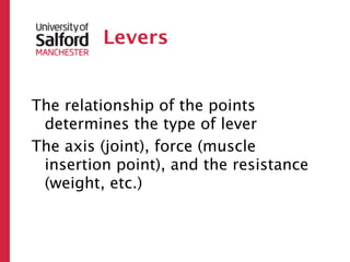 Levers


The relationship of the points
 determines the type of lever
The axis (joint), force (muscle
 insertion point), and the resistance
 (weight, etc.)
 