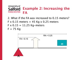 Example 2: Increasing the
           FA
2. What if the FA was increased to 0.15 meters?
F x 0.15 meters = 45 Kg x 0.25 meters
F x 0.15 = 11.25 Kg-meters
F = 75 Kg

                           RA = 0.25
        FA = 0.15
                    ?



                                        45




       A
 
