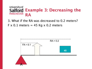 Example 3: Decreasing the
            RA
3. What if the RA was decreased to 0.2 meters?
F x 0.1 meters = 45 Kg x 0.2 meters




                           RA = 0.2
         FA = 0.1
                    ?




                                      45




        A
 