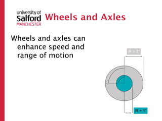 Wheels and Axles

Wheels and axles can
 enhance speed and
                            R = 3”
 range of motion




                               R = 1”
 