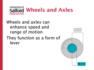 Wheels and Axles

Wheels and axles can
 enhance speed and
                             R = 3”
 range of motion
They function as a form of
 lever



                                R = 1”
 