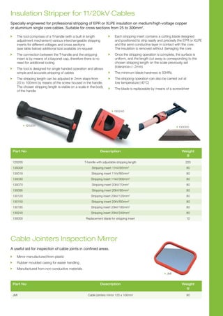 Cable Jointers Inspection Mirror
A useful aid for inspection of cable joints in conined areas.
Mirror manufactured from plastic
Rubber moulded casing for easier handling
Manufactured from non-conductive materials
Part No Description Weight
g
JMI Cable jointers mirror 125 x 100mm 90
Insulation Stripper for 11/20kV Cables
Specially engineered for professional stripping of EPR or XLPE insulation on medium/high-voltage copper
or aluminium single core cables. Suitable for cross sections from 25 to 300mm2
.
Part No Description Weight
g
125200 T-handle with adjustable stripping length 220
130009 Stripping insert 11kV/95mm2
80
130018 Stripping insert 11kV/l85mm2
80
130030 Stripping insert 11kV/300mm2
80
130070 Stripping insert 20kV/70mm2
80
130095 Stripping insert 20kV/95mm2
80
130120 Stripping insert 20kV/120mm2
80
130150 Stripping insert 20kV/l50mm2
80
130185 Stripping insert 20kV/185mm2
80
130240 Stripping insert 20kV/240mm2
80
130000 Replacement blade for stripping insert 10
The tool comprises of a T-handle (with a built in length
adjustment mechanism) various interchangeable stripping
inserts for different voltages and cross sections
(see table below) additional size available on request
The connection between the T-handle and the stripping
insert is by means of a bayonet cap, therefore there is no
need for additional tooling
The tool is designed for single handed operation and allows
simple and accurate stripping of cables
The stripping length can be adjusted in 2mm steps from
20 to 100mm by means of the screw housed in the handle.
The chosen stripping length is visible on a scale in the body
of the handle
Each stripping insert contains a cutting blade designed
and positioned to strip easily and precisely the EPR or XLPE
and the semi-conductive layer in contact with the core.
The insulation is removed without damaging the core
Once the stripping operation is complete, the surface is
uniform, and the length cut away is corresponding to the
chosen stripping length on the scale previously set
(tolerance+/- 2mm)
The minimum blade hardness is 50HRc
The stripping operation can also be carried out at
low temperature (-I0°C)
The blade is replaceable by means of a screwdriver
JMI
125200
130240
130000
WWW.CABLEJOINTS.CO.UK
THORNE & DERRICK UK
TEL 0044 191 490 1547 FAX 0044 477 5371
TEL 0044 117 977 4647 FAX 0044 977 5582
WWW.THORNEANDDERRICK.CO.UK
 