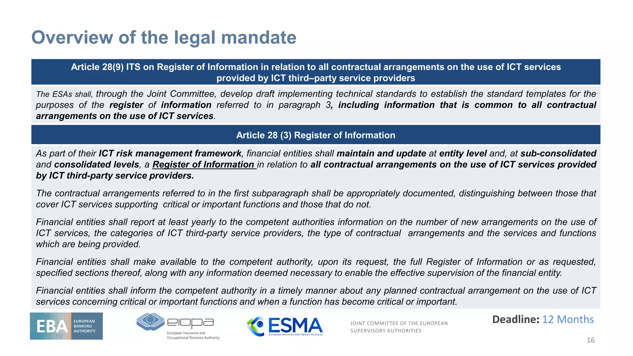 JOINT COMMITTEE OF THE EUROPEAN
SUPERVISORY AUTHORITIES
Article 28 (3) Register of Information
As part of their ICT risk management framework, financial entities shall maintain and update at entity level and, at sub-consolidated
and consolidated levels, a Register of Information in relation to all contractual arrangements on the use of ICT services provided
by ICT third-party service providers.
The contractual arrangements referred to in the first subparagraph shall be appropriately documented, distinguishing between those that
cover ICT services supporting critical or important functions and those that do not.
Financial entities shall report at least yearly to the competent authorities information on the number of new arrangements on the use of
ICT services, the categories of ICT third-party service providers, the type of contractual arrangements and the services and functions
which are being provided.
Financial entities shall make available to the competent authority, upon its request, the full Register of Information or as requested,
specified sections thereof, along with any information deemed necessary to enable the effective supervision of the financial entity.
Financial entities shall inform the competent authority in a timely manner about any planned contractual arrangement on the use of ICT
services concerning critical or important functions and when a function has become critical or important.
Overview of the legal mandate
16
Article 28(9) ITS on Register of Information in relation to all contractual arrangements on the use of ICT services
provided by ICT third–party service providers
The ESAs shall, through the Joint Committee, develop draft implementing technical standards to establish the standard templates for the
purposes of the register of information referred to in paragraph 3, including information that is common to all contractual
arrangements on the use of ICT services.
Deadline: 12 Months
 