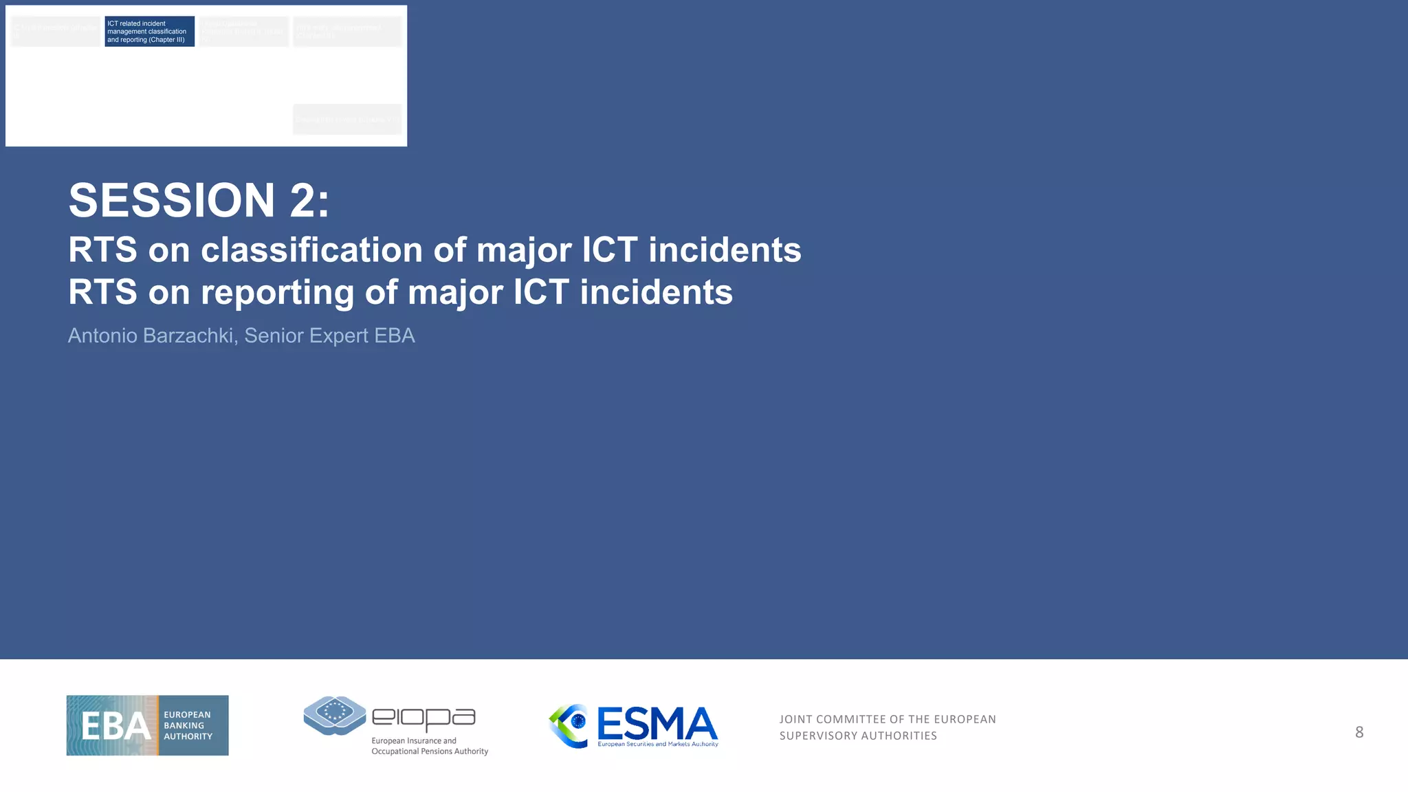 JOINT COMMITTEE OF THE EUROPEAN
SUPERVISORY AUTHORITIES
SESSION 2:
RTS on classification of major ICT incidents
RTS on reporting of major ICT incidents
Antonio Barzachki, Senior Expert EBA
8
Oversight framework (Chapter V.II)
ICT risk framework (Chapter
II)
ICT related incident
management classification
and reporting (Chapter III)
Digital Operational
Resilience Testing (Chapter
IV)
Third-party risk management
(Chapter V.I)
 