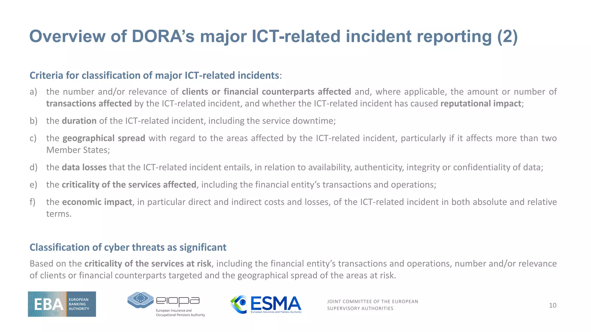 JOINT COMMITTEE OF THE EUROPEAN
SUPERVISORY AUTHORITIES
Overview of DORA’s major ICT-related incident reporting (2)
Criteria for classification of major ICT-related incidents:
a) the number and/or relevance of clients or financial counterparts affected and, where applicable, the amount or number of
transactions affected by the ICT-related incident, and whether the ICT-related incident has caused reputational impact;
b) the duration of the ICT-related incident, including the service downtime;
c) the geographical spread with regard to the areas affected by the ICT-related incident, particularly if it affects more than two
Member States;
d) the data losses that the ICT-related incident entails, in relation to availability, authenticity, integrity or confidentiality of data;
e) the criticality of the services affected, including the financial entity’s transactions and operations;
f) the economic impact, in particular direct and indirect costs and losses, of the ICT-related incident in both absolute and relative
terms.
Classification of cyber threats as significant
Based on the criticality of the services at risk, including the financial entity’s transactions and operations, number and/or relevance
of clients or financial counterparts targeted and the geographical spread of the areas at risk.
10
 