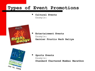 Types of Event Promotions
 Cultural Events
Example:
 Entertainment Events
Example:
Garnier Fructis Nach Baliye
 Sports Events
Example:
Standard Chartered Mumbai Marathon
 