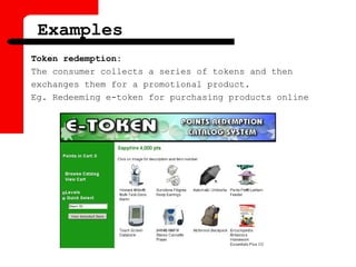 Examples
Token redemption:
The consumer collects a series of tokens and then
exchanges them for a promotional product.
Eg. Redeeming e-token for purchasing products online
 