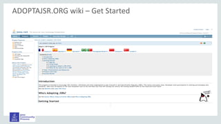 ADOPTAJSR.ORG wiki – Get Started
You expanded wiki into eight languages: Arabic, Chinese, English, French, German,
Portuguese, Spanish, Turkish...you choose who will translate next language!
 