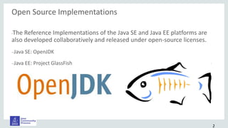 Open Source Implementations
•The Reference Implementations of the Java SE and Java EE platforms are
also developed collaboratively and released under open-source licenses.
–Java SE: OpenJDK
–Java EE: Project GlassFish
2
 
