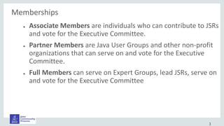 3
● Associate Members are individuals who can contribute to JSRs
and vote for the Executive Committee.
● Partner Members are Java User Groups and other non-profit
organizations that can serve on and vote for the Executive
Committee.
● Full Members can serve on Expert Groups, lead JSRs, serve on
and vote for the Executive Committee
Memberships
 