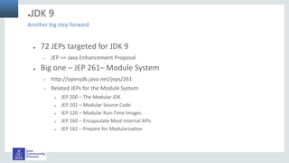 ●JDK 9
● 72 JEPs targeted for JDK 9
– JEP == Java Enhancement Proposal
● Big one – JEP 261– Module System
– http://openjdk.java.net/jeps/261
– Related JEPs for the Module System
● JEP 200 – The Modular JDK
● JEP 201 – Modular Source Code
● JEP 220 – Modular Run-Time Images
● JEP 260 – Encapsulate Most Internal APIs
● JEP 162 – Prepare for Modularization
Another big step forward
 