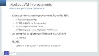 ●HotSpot VM Improvements
● Many performance improvements from the JEPs
– JEP 254: Compact Strings
– JEP 280: Indify String Concatenation
– JEP 197: Segmented Code Cache
– JEP 232: Improve Secure Application Performance
● JIT compiler supporting enhanced instructions
– i.e. Intel AVX
● G1 GC
– Continues to be GC area of enhancement investment
Performance, performance, performance
 