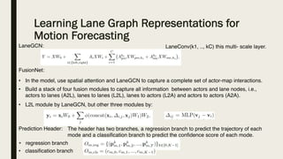 Learning Lane Graph Representations for
Motion Forecasting
LaneGCN: LaneConv(k1, .., kC) this multi- scale layer.
• In the model, use spatial attention and LaneGCN to capture a complete set of actor-map interactions.
FusionNet:
• Build a stack of four fusion modules to capture all information between actors and lane nodes, i.e.,
actors to lanes (A2L), lanes to lanes (L2L), lanes to actors (L2A) and actors to actors (A2A).
• L2L module by LaneGCN, but other three modules by:
Prediction Header: The header has two branches, a regression branch to predict the trajectory of each
mode and a classification branch to predict the confidence score of each mode.
• regression branch
• classification branch
 