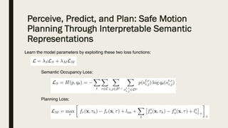 Perceive, Predict, and Plan: Safe Motion
Planning Through Interpretable Semantic
Representations
Learn the model parameters by exploiting these two loss functions:
Semantic Occupancy Loss:
Planning Loss:
 