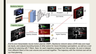 End-to-end interpretable neural motion planner (NMP). Backbone network takes LiDAR data and maps
as inputs, and outputs bounding boxes of other actors for future timesteps (perception), as well as a cost
volume for planning with T filters. Next, for each trajectory proposal from the sampler, its cost is indexed
from different filters of the cost volume and summed together. The trajectory with the minimal cost will be
our final planning.
 