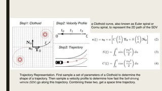Trajectory Representation. First sample a set of parameters of a Clothoid to determine the
shape of a trajectory. Then sample a velocity profile to determine how fast the Self-driving
vehicle (SDV) go along this trajectory. Combining these two, get a space time trajectory.
a Clothoid curve, also known as Euler spiral or
Cornu spiral, to represent the 2D path of the SDV
 