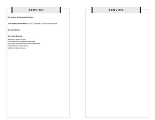SERVICE                               SERVICE

Our Prayers of Thanks and Concern


*Our Hymn to Leave With: VU 651, Guide Me, O Thou Great Jehovah


Our Benediction:


Our Choral Blessing:
My Peace I give unto you
It’s a Peace that the world cannot give
It’s a Peace that the world cannot understand
Peace to know, Peace to live
My Peace I give unto you.
 