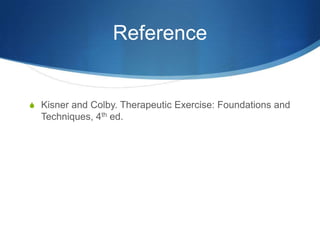 ReferenceKisner and Colby. Therapeutic Exercise: Foundations and Techniques, 4th ed.
