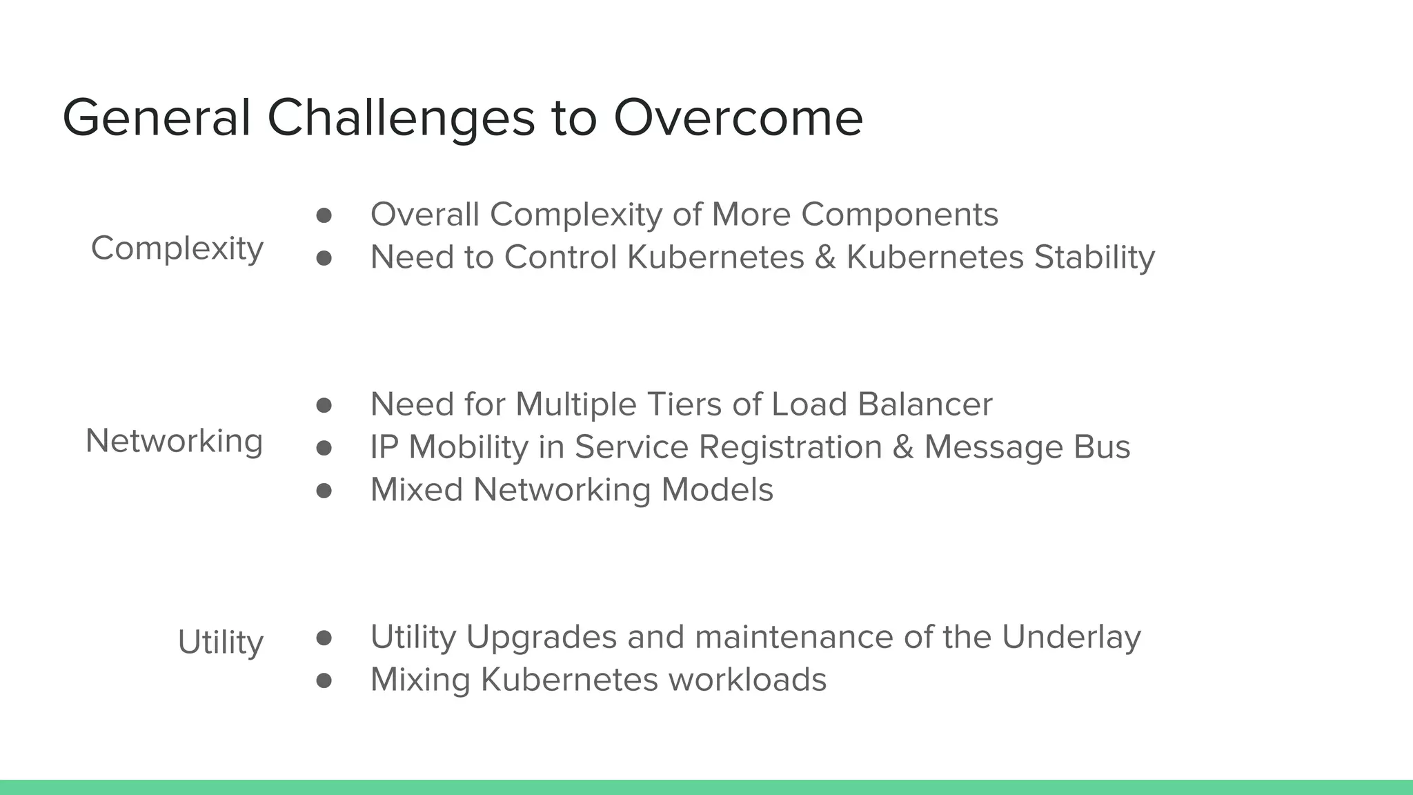 General Challenges to Overcome
Complexity
● Overall Complexity of More Components
● Need to Control Kubernetes & Kubernetes Stability
● Need for Multiple Tiers of Load Balancer
● IP Mobility in Service Registration & Message Bus
● Mixed Networking Models
● Utility Upgrades and maintenance of the Underlay
● Mixing Kubernetes workloads
Networking
Utility
 