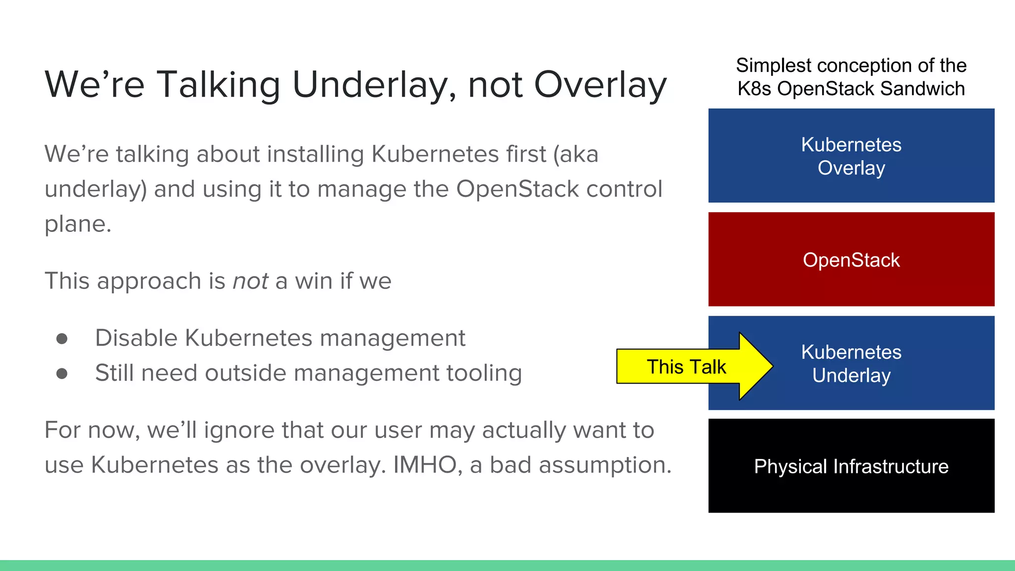 We’re Talking Underlay, not Overlay
We’re talking about installing Kubernetes first (aka
underlay) and using it to manage the OpenStack control
plane.
This approach is not a win if we
● Disable Kubernetes management
● Still need outside management tooling
For now, we’ll ignore that our user may actually want to
use Kubernetes as the overlay. IMHO, a bad assumption. Physical Infrastructure
Kubernetes
Underlay
OpenStack
Kubernetes
Overlay
This Talk
Simplest conception of the
K8s OpenStack Sandwich
 
