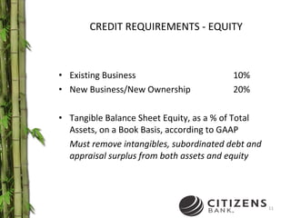 CREDIT REQUIREMENTS - EQUITY Existing Business 10% New Business/New Ownership 20% Tangible Balance Sheet Equity, as a % of Total Assets, on a Book Basis, according to GAAP Must remove intangibles, subordinated debt and appraisal surplus from both assets and equity 
