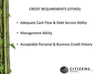 CREDIT REQUIREMENTS (OTHER) Adequate Cash Flow & Debt Service Ability Management Ability Acceptable Personal & Business Credit History 