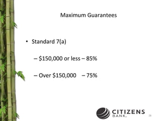 Maximum Guarantees Standard 7(a) $150,000 or less – 85% Over $150,000   – 75% 