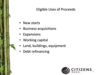 Eligible Uses of Proceeds New starts Business acquisitions Expansions Working capital Land, buildings, equipment Debt refinancing 